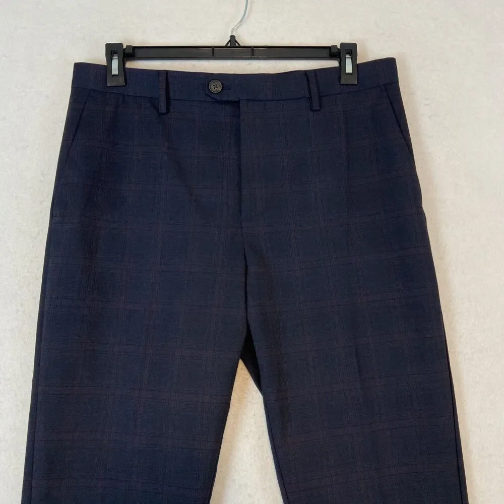 Banana‎ Republic Tailor Fit Trouser Pants Men's 34x31.5* Dark Blue Plaid Preppy